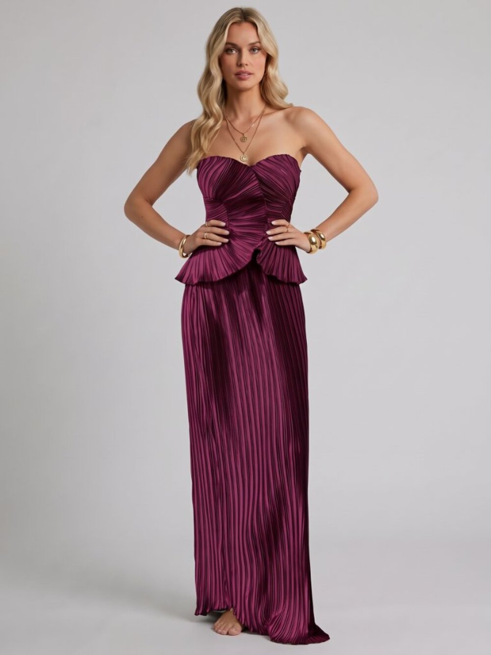 Women's Deep Purple Pleated Bandeau Top Mermaid Maxi Skirt Set Formal - Picture 5 of 5
